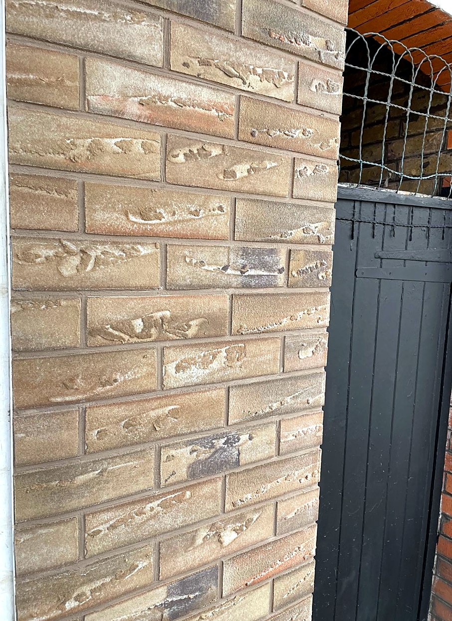 Close view of brick-effect render with natural colour variation